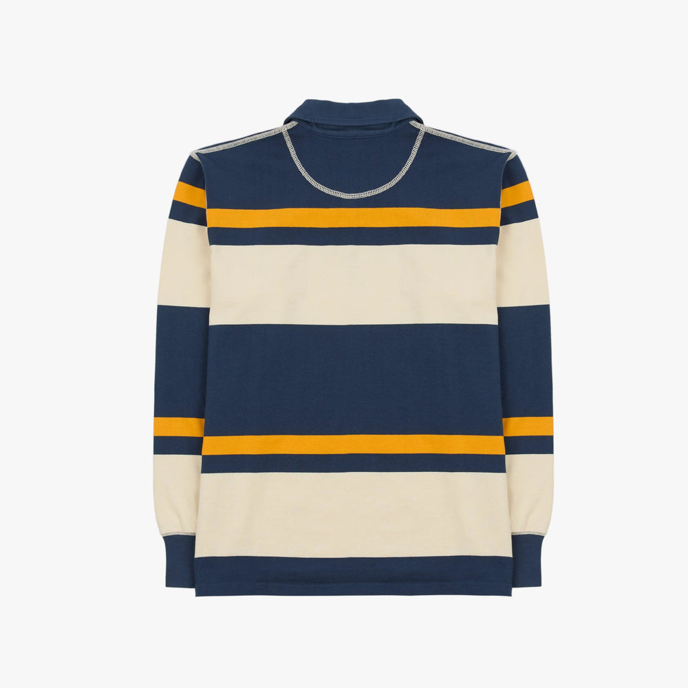 Drake’s Stripe Cotton Quarter Zip Rugby Shirt Navy and Yellow Back View