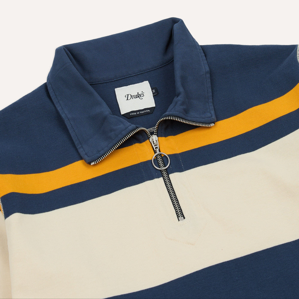 Drake’s Stripe Cotton Quarter Zip Rugby Shirt Navy and Yellow Rugby Collar Detail