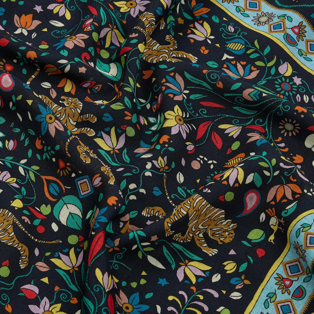 Drake’s Tiger Garden Print Wool-Silk Bandana Navy Fabric Texture Detail