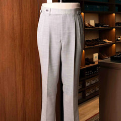 Front view of the Drummers Trousers Light Grey showing the clean tailored silhouette, straight leg profile, and light grey tone.