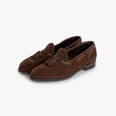 Front angle view of the Edward Green Belgravia Unlined 184 in Mink Suede, showing the sleek loafer silhouette.