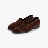 Front angle view of the Edward Green Ventnor 184 in Mole Suede, showing the refined loafer silhouette.