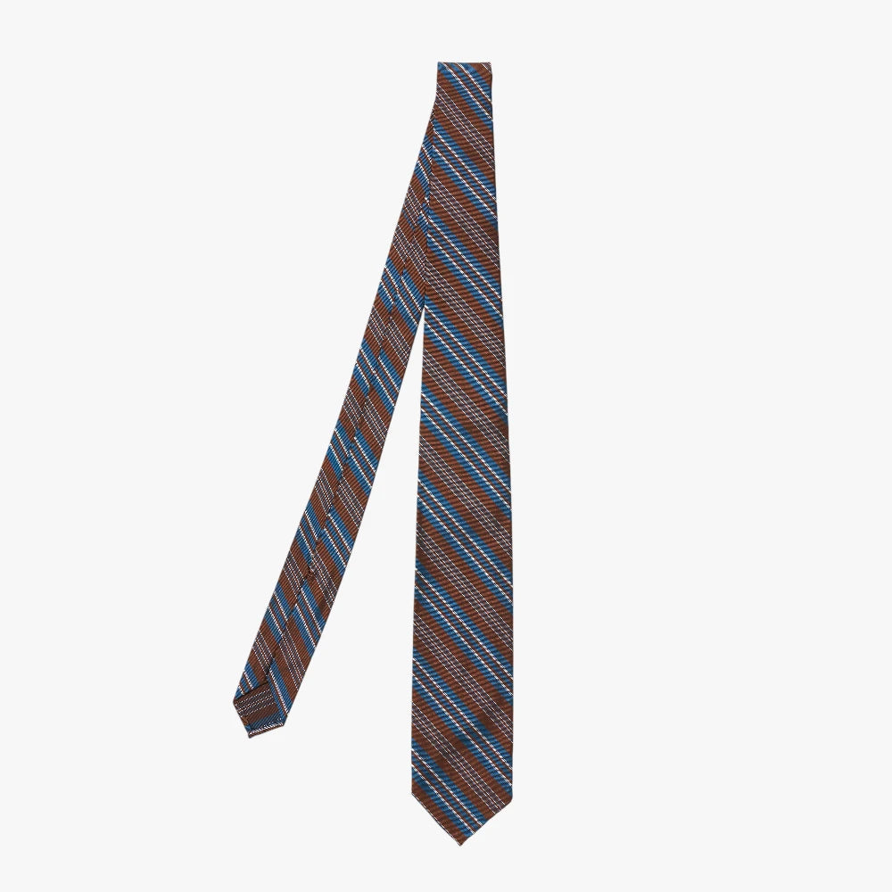 Full view of the F.Marino Striped Navy/Brown 231-017 Silk Tie showing the classic diagonal stripe pattern and rich navy–brown color combination.