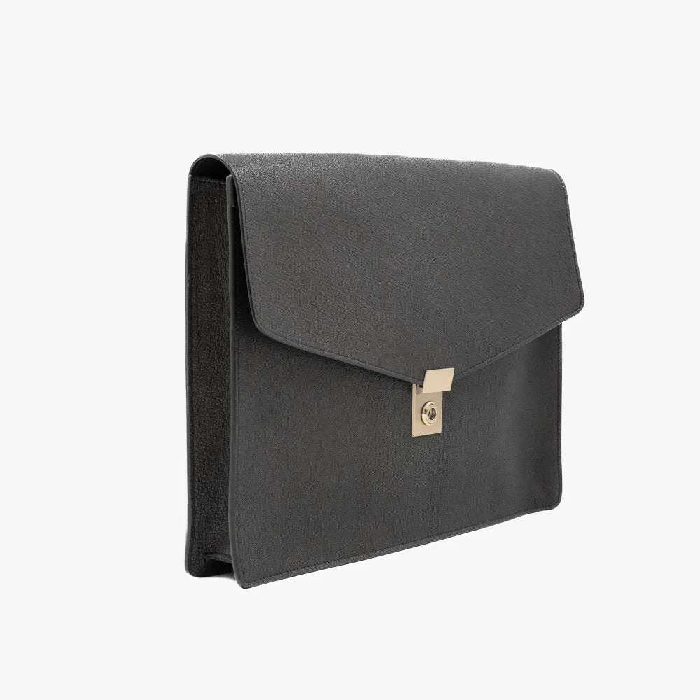 Side view of the Frank Clegg 15-inch Lock Portfolio Case Goatskin Black