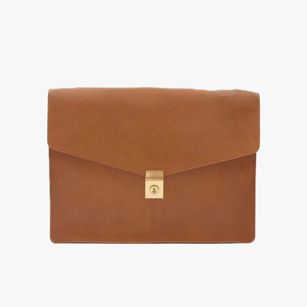 Front view of the Frank Clegg 15-inch Lock Portfolio Case in Goatskin Camel