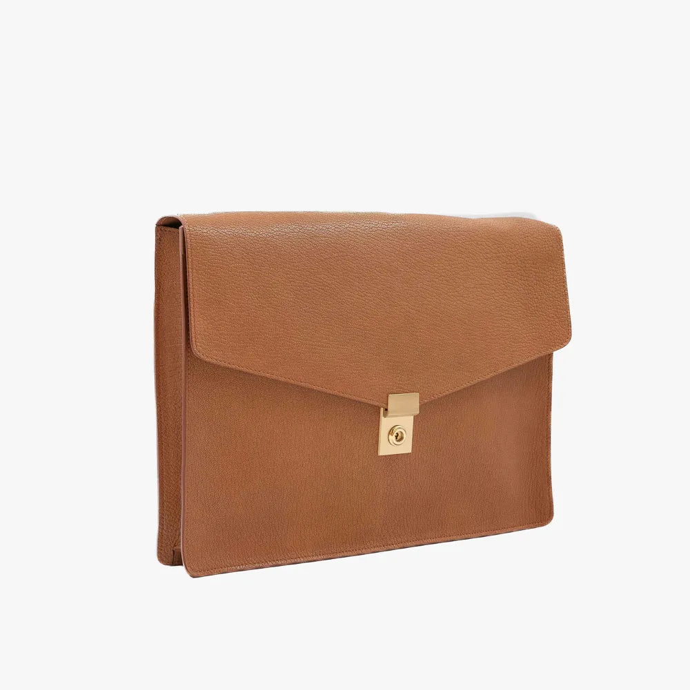 Side view of the Frank Clegg 15-inch Lock Portfolio Case Goatskin Camel