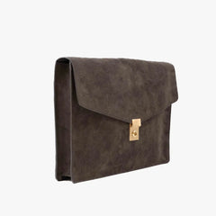 Side view of the Frank Clegg 15-inch Lock Portfolio Case Suede Chocolate