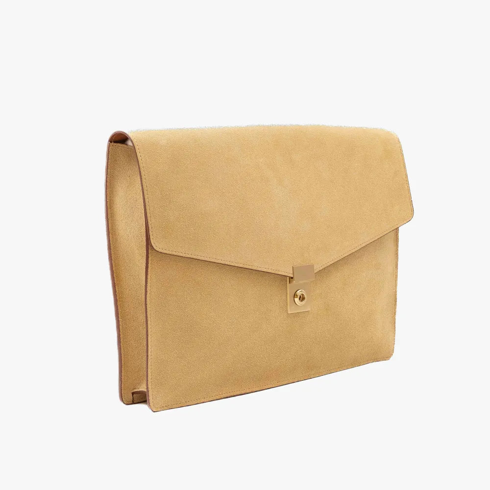 Side view of the Frank Clegg 15-inch Lock Portfolio Case Suede Sand/Cognac