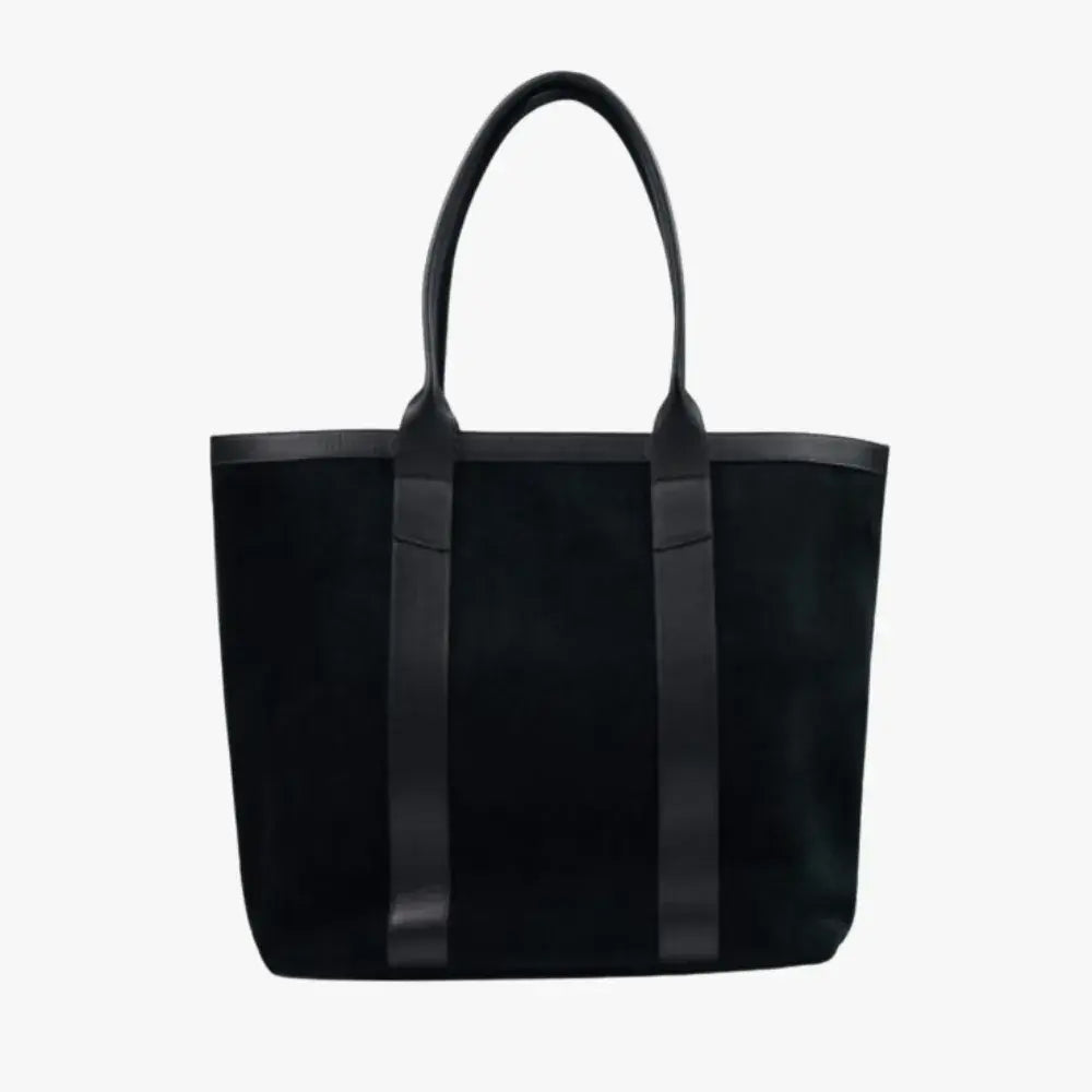 Front view of the Frank Clegg for Refinement Suede Tote Bag in Black
