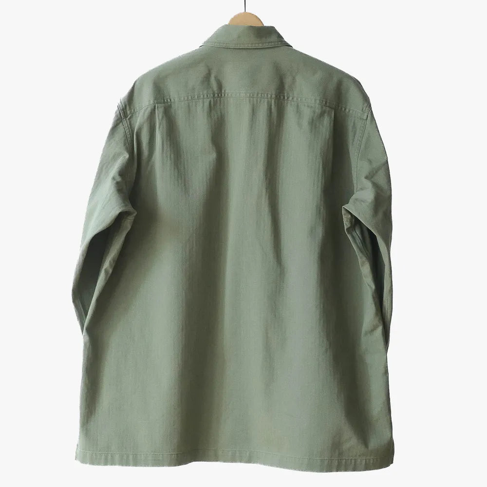 Back view of the Fujito Army Shirt in olive green highlighting the straight back panel, relaxed fit, and balanced proportions.