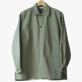 Front view of the Fujito Army Shirt in olive green showing the military-inspired design, button-front closure, and clean shirt silhouette.