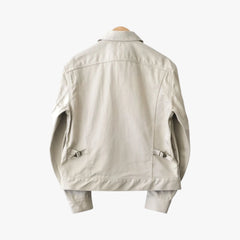 Back view of the Fujito cowboy jacket in light beige showing the structured shape and minimal detailing.