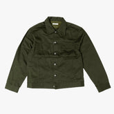 Front view of the Fujito cowboy jacket in olive green featuring a clean silhouette and western-inspired design.