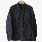 Front view of the Fujito Jungle Fatigue Jacket in navy showing the military-inspired silhouette, utility pockets, and clean Japanese tailoring.