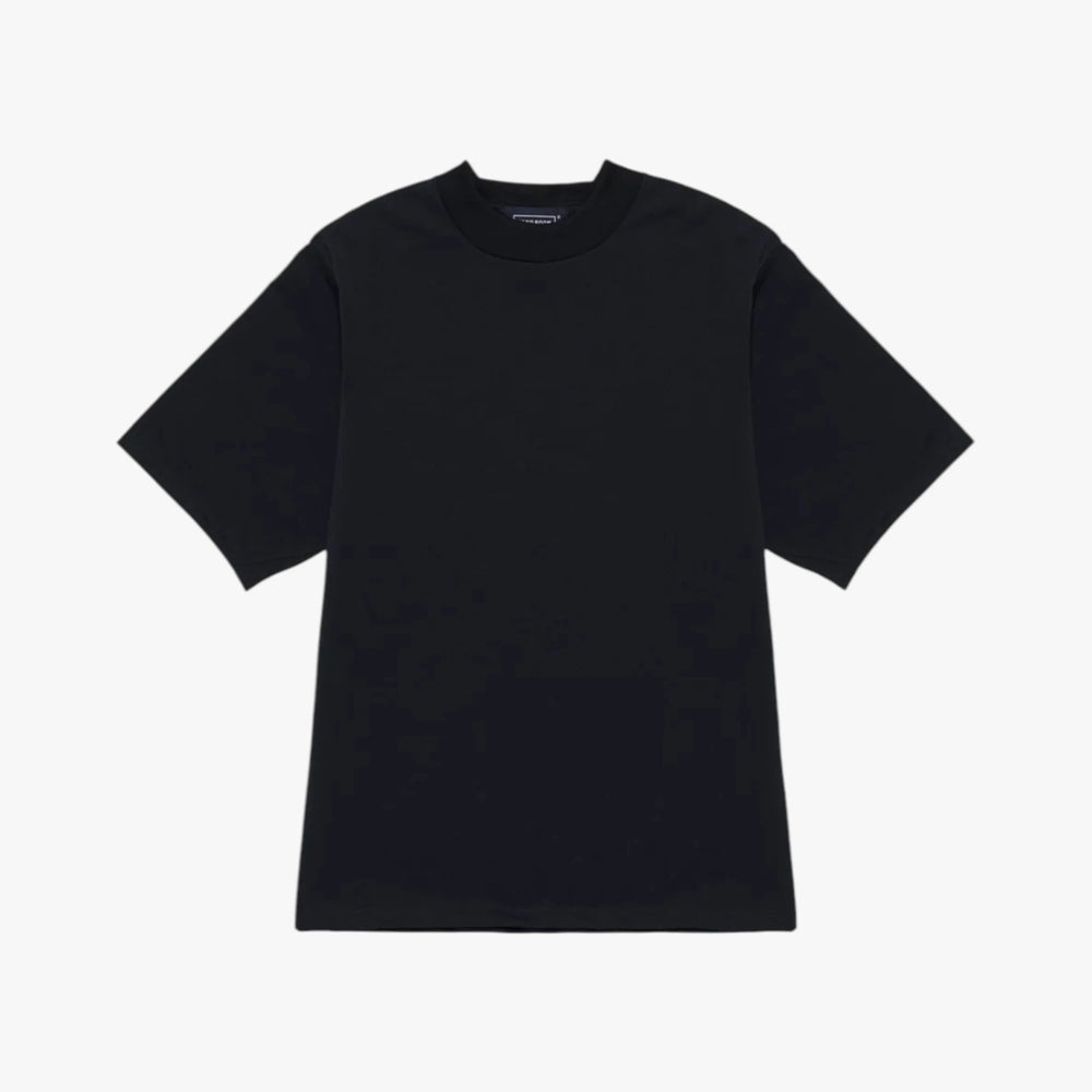 Front view of the Hand Room mock neck T-shirt in black featuring a clean silhouette and refined neckline design.