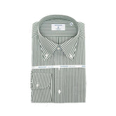 Front view of the Hitoyoshi Broadcloth Button Down Green Stripe showing the crisp broadcloth fabric, clean green stripe pattern, and classic button-down silhouette.