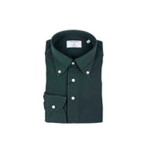 Folded view of the Hitoyoshi for Refinement Button Down Polo Long Sleeve Dark Green showing collar roll, texture, and compact folding.