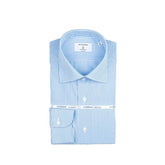 Front view of the Hitoyoshi Spread Collar Candy Stripe Shirt Blue showing the clean silhouette, refined spread collar, and blue candy stripe pattern.