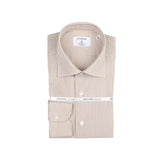 Folded view of the Hitoyoshi Spread Collar Candy Stripe Shirt Brown showing collar shape, stripe pattern, and neat folding.