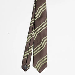 Full view of the Holliday & Brown jacquard tie in brown and green showing refined woven pattern and elegant proportions.