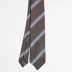 Full view of the Holliday & Brown stripe tie in brown and blue showing classic diagonal stripe pattern and refined proportions.