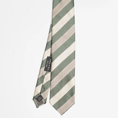 Full view of the Holliday & Brown stripe tie in green and beige featuring a classic diagonal stripe pattern and balanced proportions.