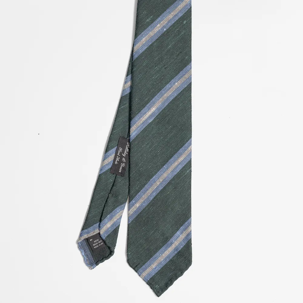 Full view of the Holliday & Brown stripe tie in green and blue showing classic diagonal stripe pattern and refined proportions.