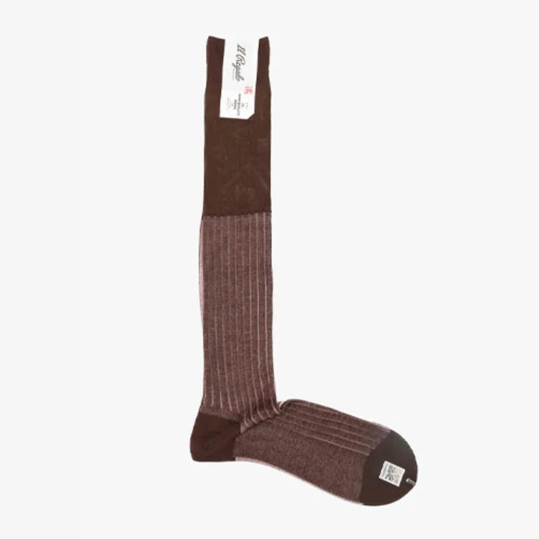 Full view of the Il Regalo Reversible Over The Calf Socks in Brown & Pink showing the elongated silhouette, rib knit texture, and reversible two-tone design.