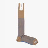 Full view of the Il Regalo Reversible Over The Calf Socks in Tan & Blue showing the elongated silhouette, rib knit texture, and reversible dual-tone design.