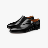 Front view of the John Lobb Jermyn II Double Monk in Black, showing the refined last shape and clean double-strap design.
