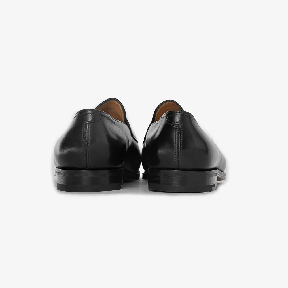 John Lobb Lopez loafer in black calf leather, back view showing heel and stitching.