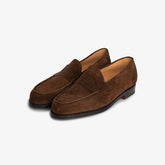 John Lobb Lopez Loafer in dark brown suede, angled front view showing penny strap.