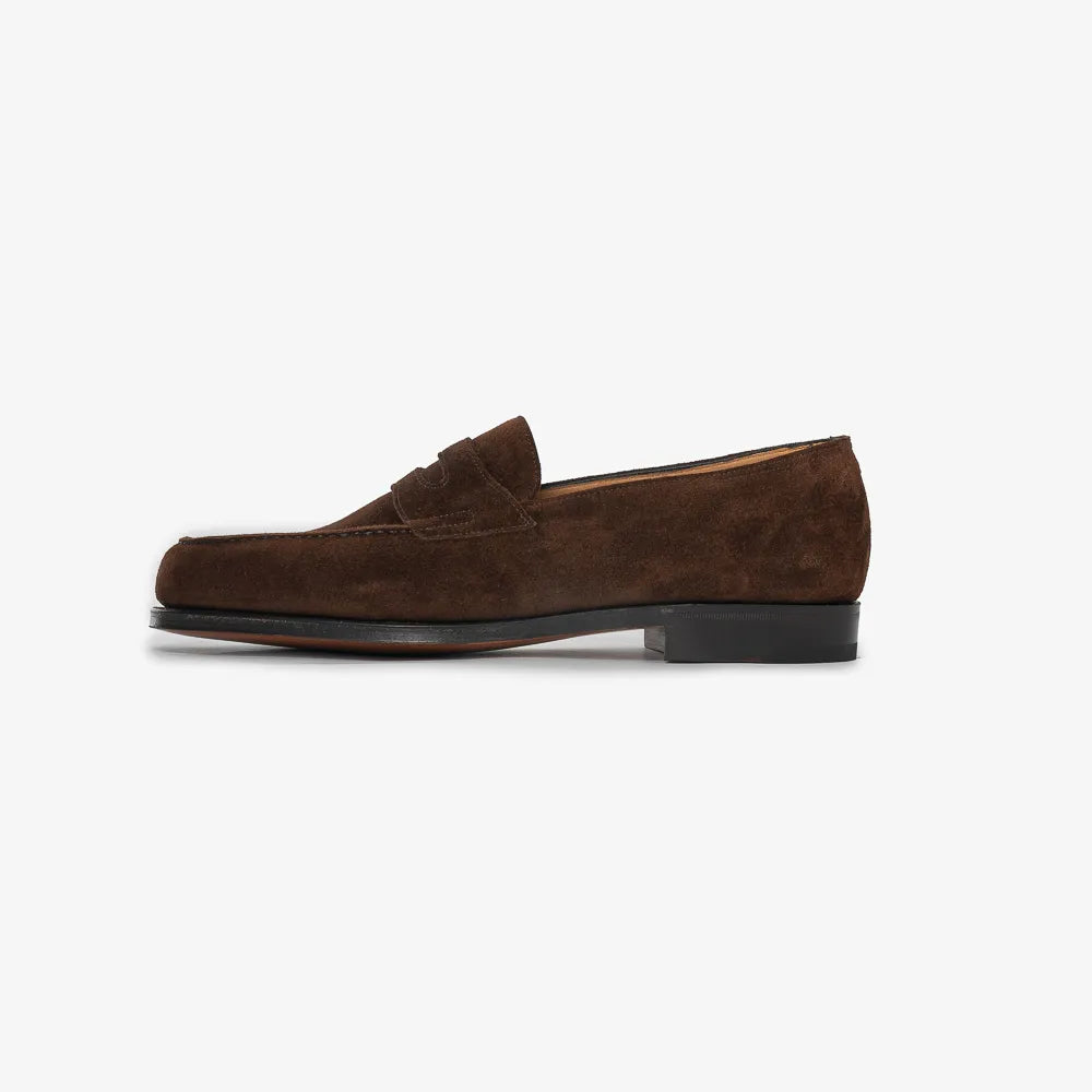 John Lobb Lopez Loafer in dark brown suede, side profile highlighting clean lines.