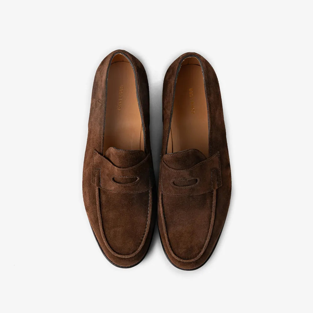 John Lobb Lopez Loafer in dark brown suede, side profile highlighting clean lines.