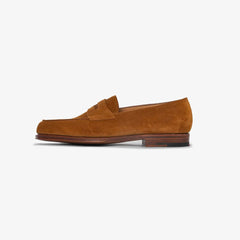 John Lobb Lopez penny loafer in tobacco suede, side profile with classic lines.