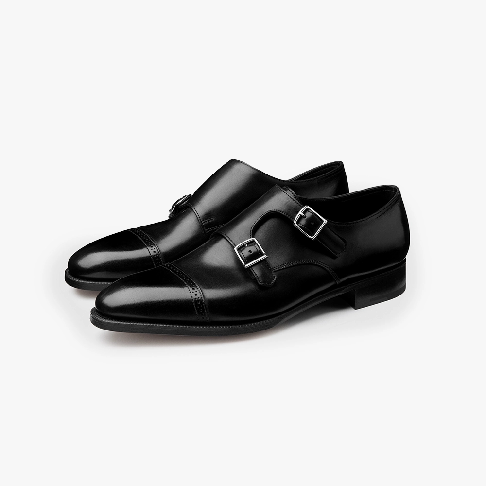 Front view of the John Lobb Philip II Double Buckle in Black, showing the elegant last shape and refined double-strap design.