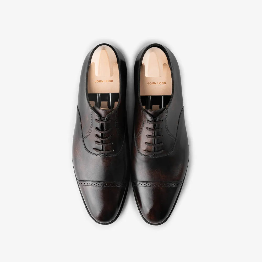 John Lobb Philip II Oxford in black calf, top view showing cap toe and symmetry.