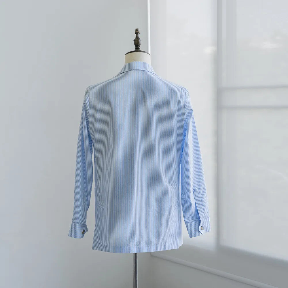Back view of the Justo Gimeno Teba Jacket Seersucker Light in light blue stripes