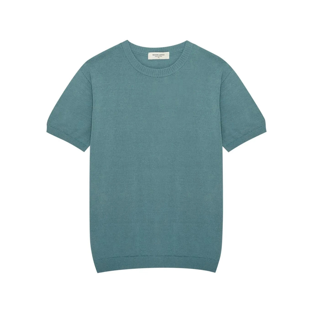 Front view of the Mooncastle Crew Neck Mist Green showing the clean silhouette, soft mist green tone, and classic crew neck structure.