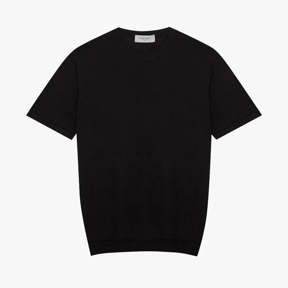 Front view of the Mooncastle Ice Cotton Knit Tee Black showing the clean silhouette, breathable knit texture, and deep black tone.
