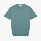 Front view of the Mooncastle Ice Cotton Knit Tee Mist Green showing the clean silhouette, breathable ice cotton texture, and soft mist green tone.