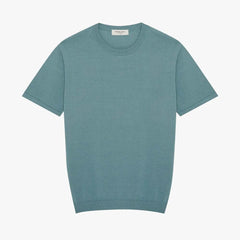 Front view of the Mooncastle Ice Cotton Knit Tee Mist Green showing the clean silhouette, breathable ice cotton texture, and soft mist green tone.