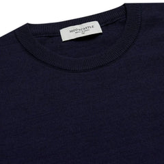 Close-up of the ribbed crew neck collar showing ice cotton knit texture, stitching, and refined finishing.