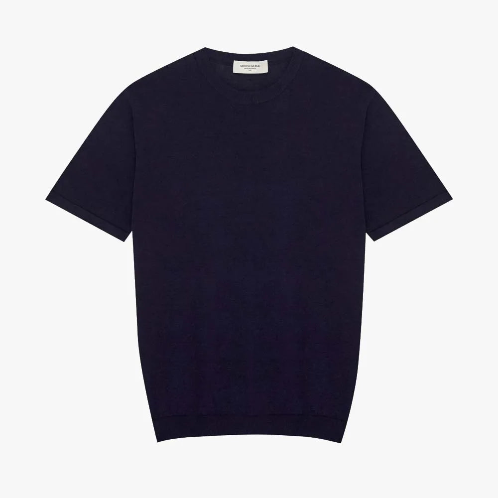 Front view of the Mooncastle Ice Cotton Knit Tee Navy showing the clean silhouette, breathable knit texture, and deep navy tone.
