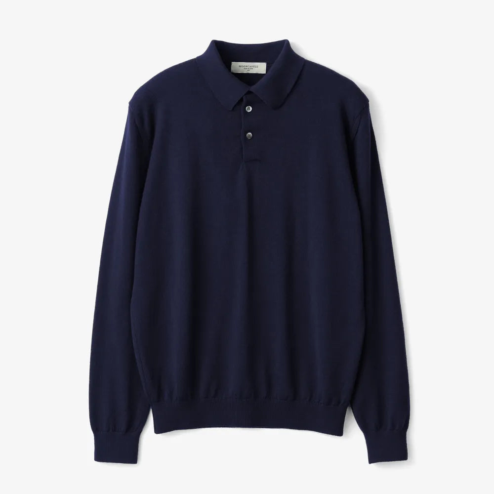 Front view of the Mooncastle Ice Cotton Long Polo Neck Navy showing the clean silhouette, breathable ice-cotton knit texture, and deep navy tone.