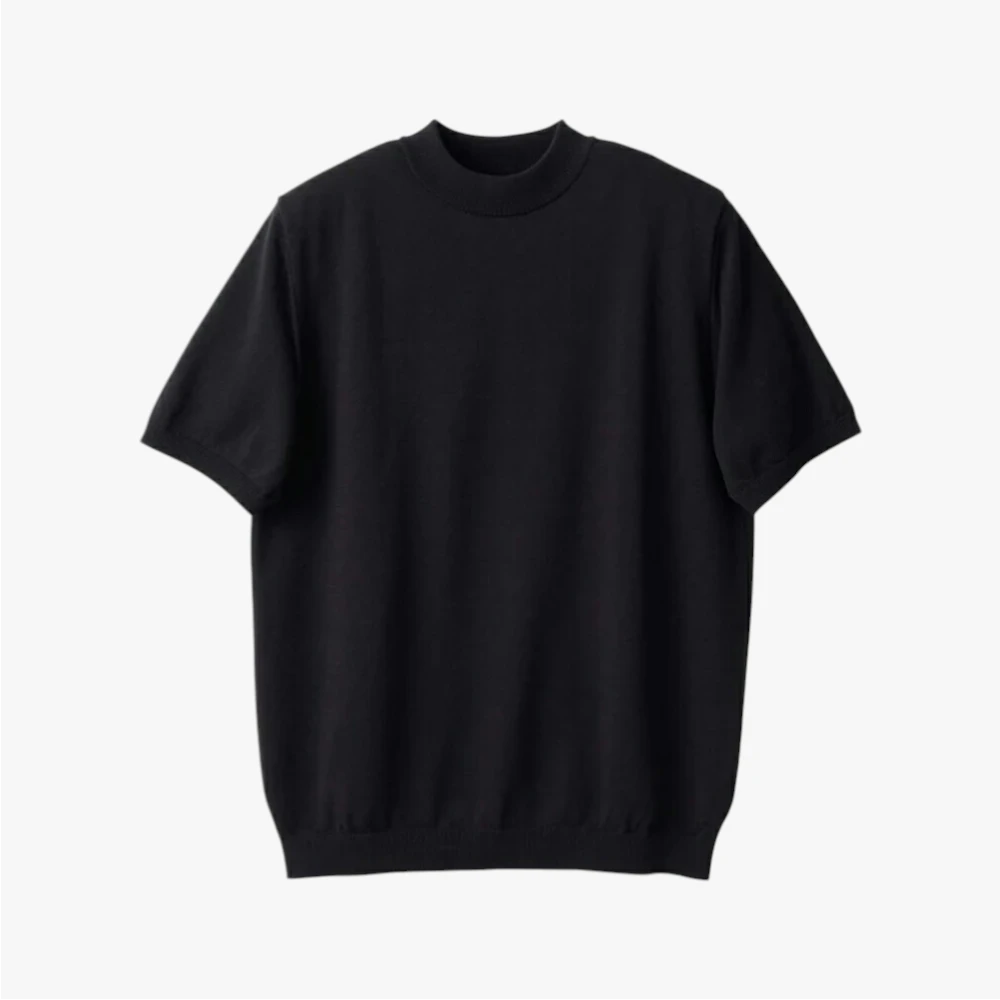 Front view of the Mooncastle Ice Cotton Mock Neck in black featuring a clean silhouette and refined knit construction.