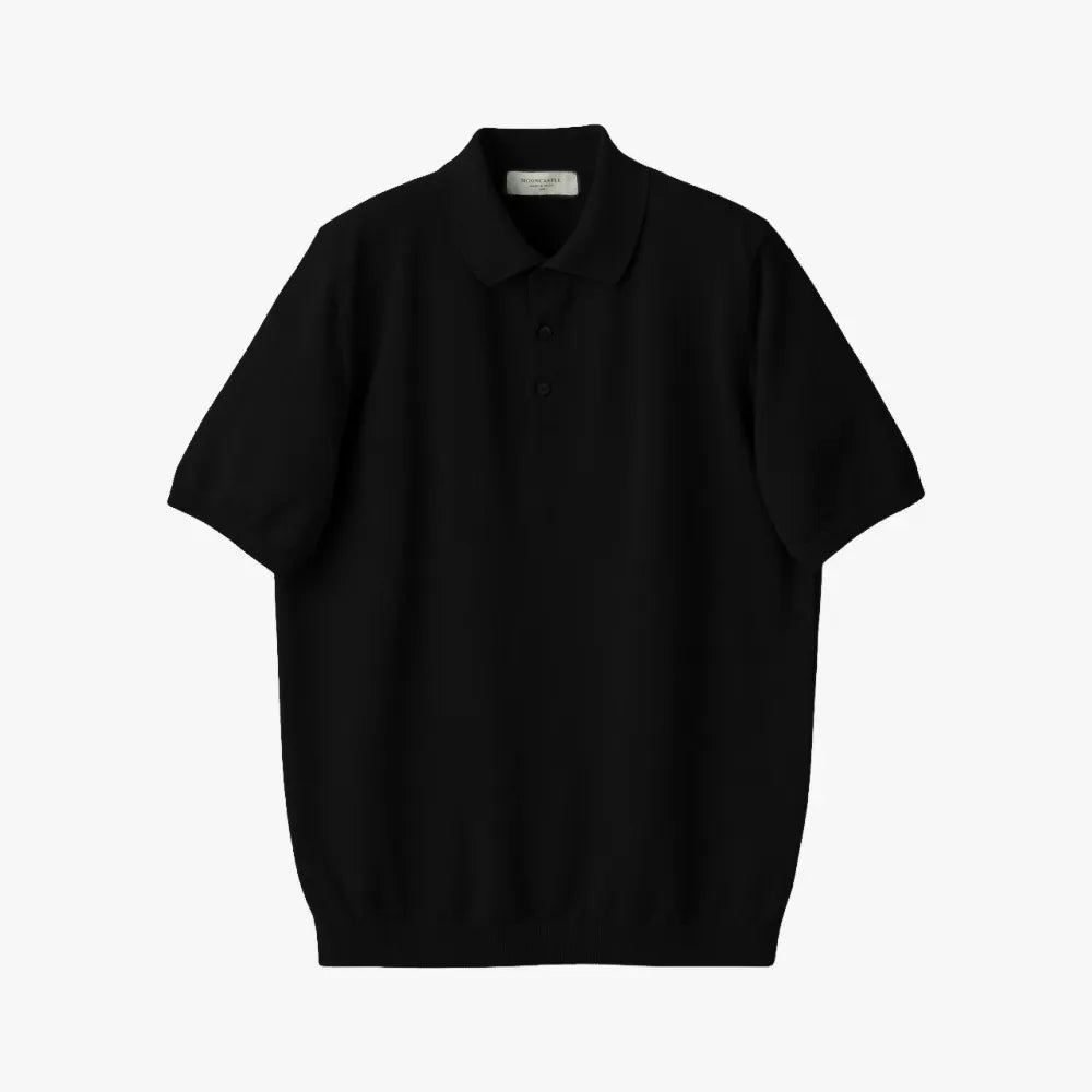 Front view of the Mooncastle Ice Cotton Polo in black featuring a clean silhouette and refined knit construction.