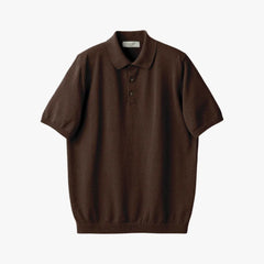 Front view of the Mooncastle Ice Cotton Polo in brown featuring a clean silhouette and refined knit construction.