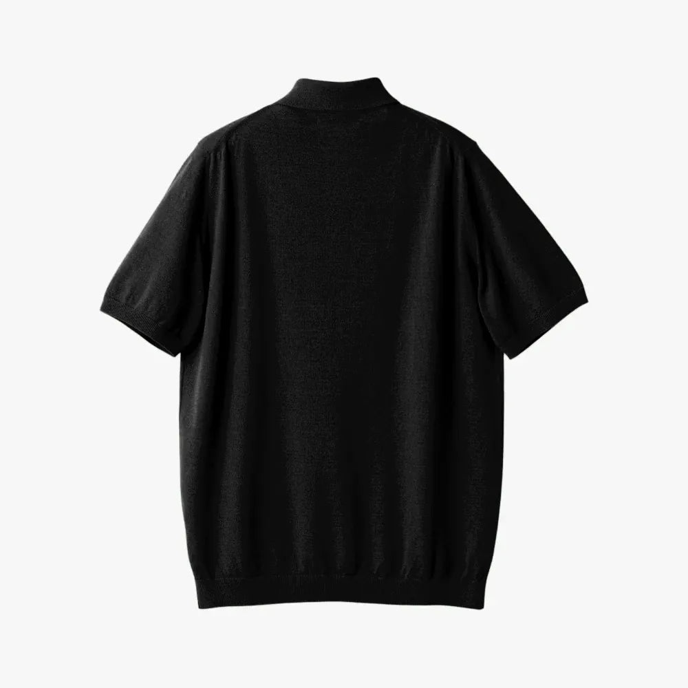 Back view of the Mooncastle Ice Cotton Polo in black showing the smooth knit structure and relaxed fit.