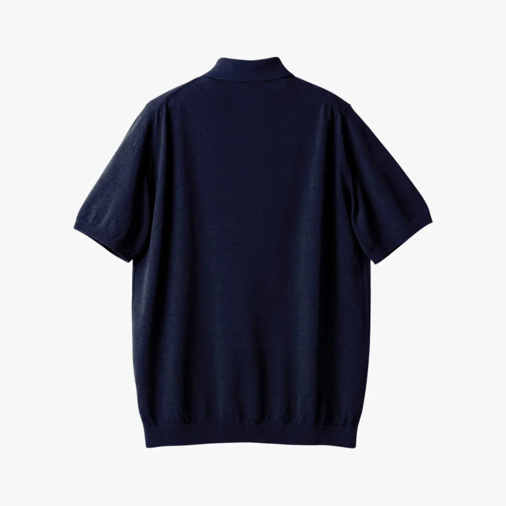 Back view of the Mooncastle Ice Cotton Polo in navy showing the smooth knit structure and relaxed fit.